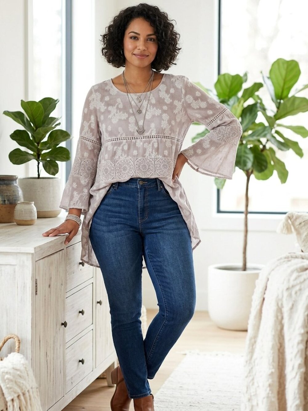 One World Bohemian & Romantic Light Mauve Tunic Blouse/Shell Women's Large